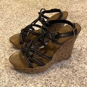 Tiurai Italy Italian faux wood black leather rope wedge sandals 7